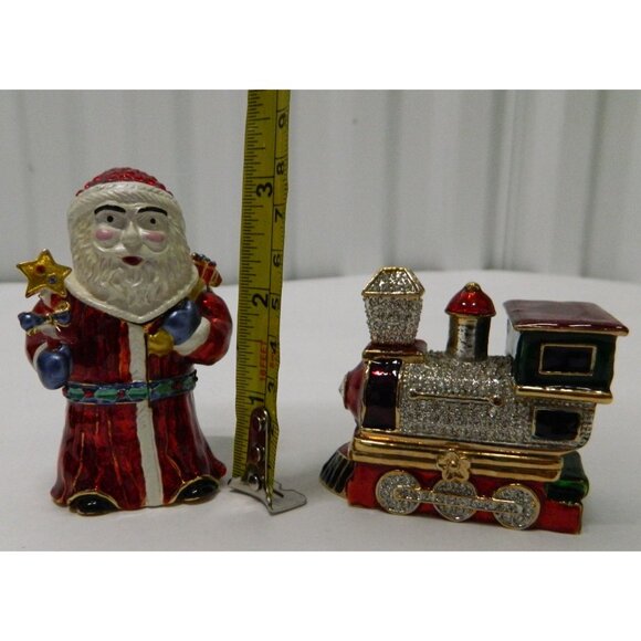 Santa Claus & Train Figurine Hinged Trinket Boxes Enamel Rhinestone Accents - Picture 2 of 15